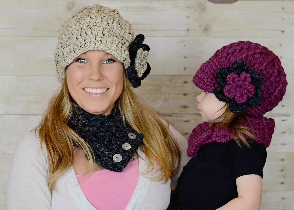 Oatmeal & charcoal gray flower beanie winter hat