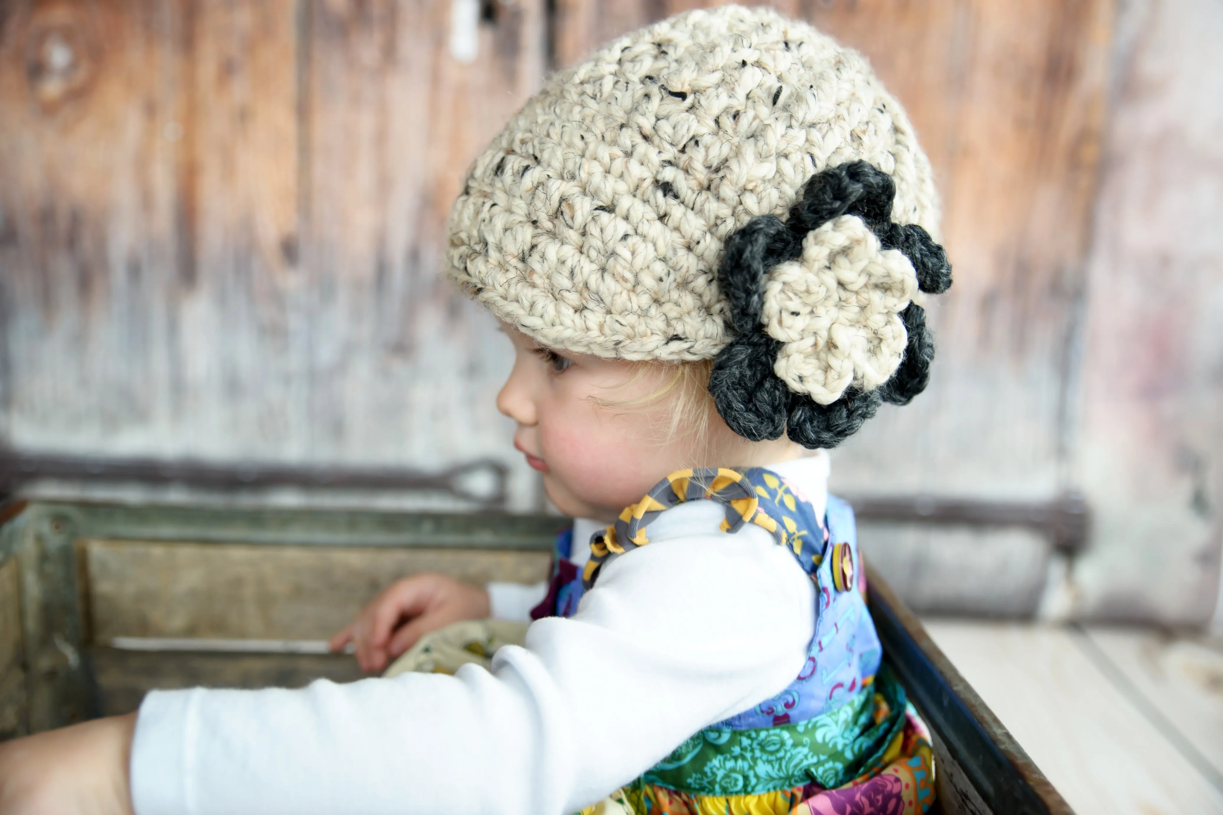 Oatmeal & charcoal gray flower beanie winter hat