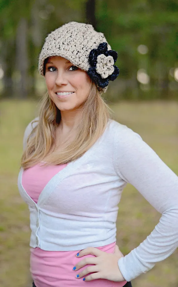 Oatmeal & charcoal gray flower beanie winter hat