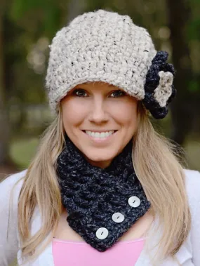 Oatmeal & charcoal gray flower beanie winter hat