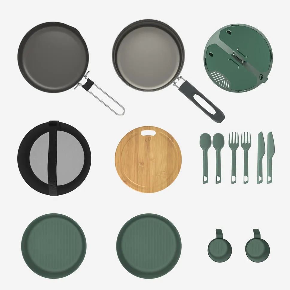 Quechua 500 Stainless Steel Non-Stick Camping Cookset  15-Piece for 2 People