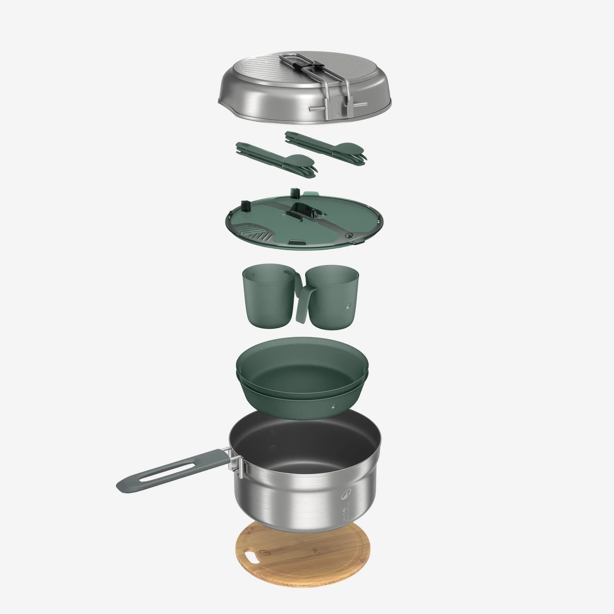 Quechua 500 Stainless Steel Non-Stick Camping Cookset  15-Piece for 2 People