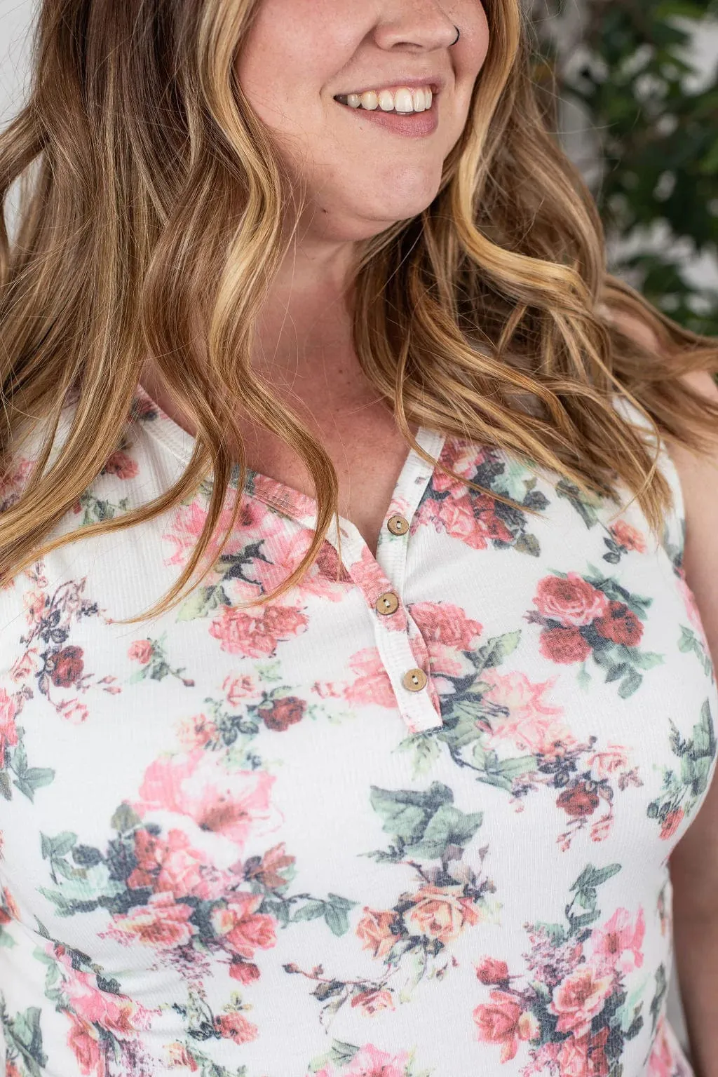 SALE- RIBBED BUTTON FRONT HENLEY TANK- FLORALS
