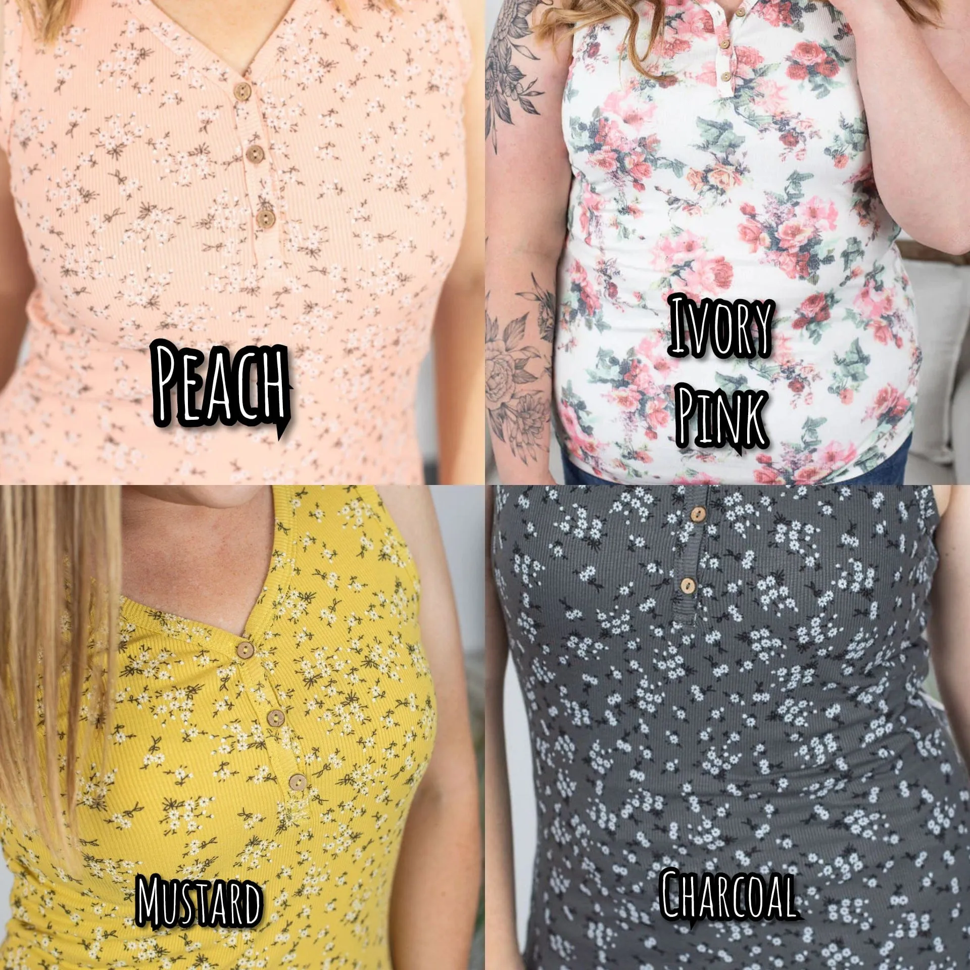 SALE- RIBBED BUTTON FRONT HENLEY TANK- FLORALS