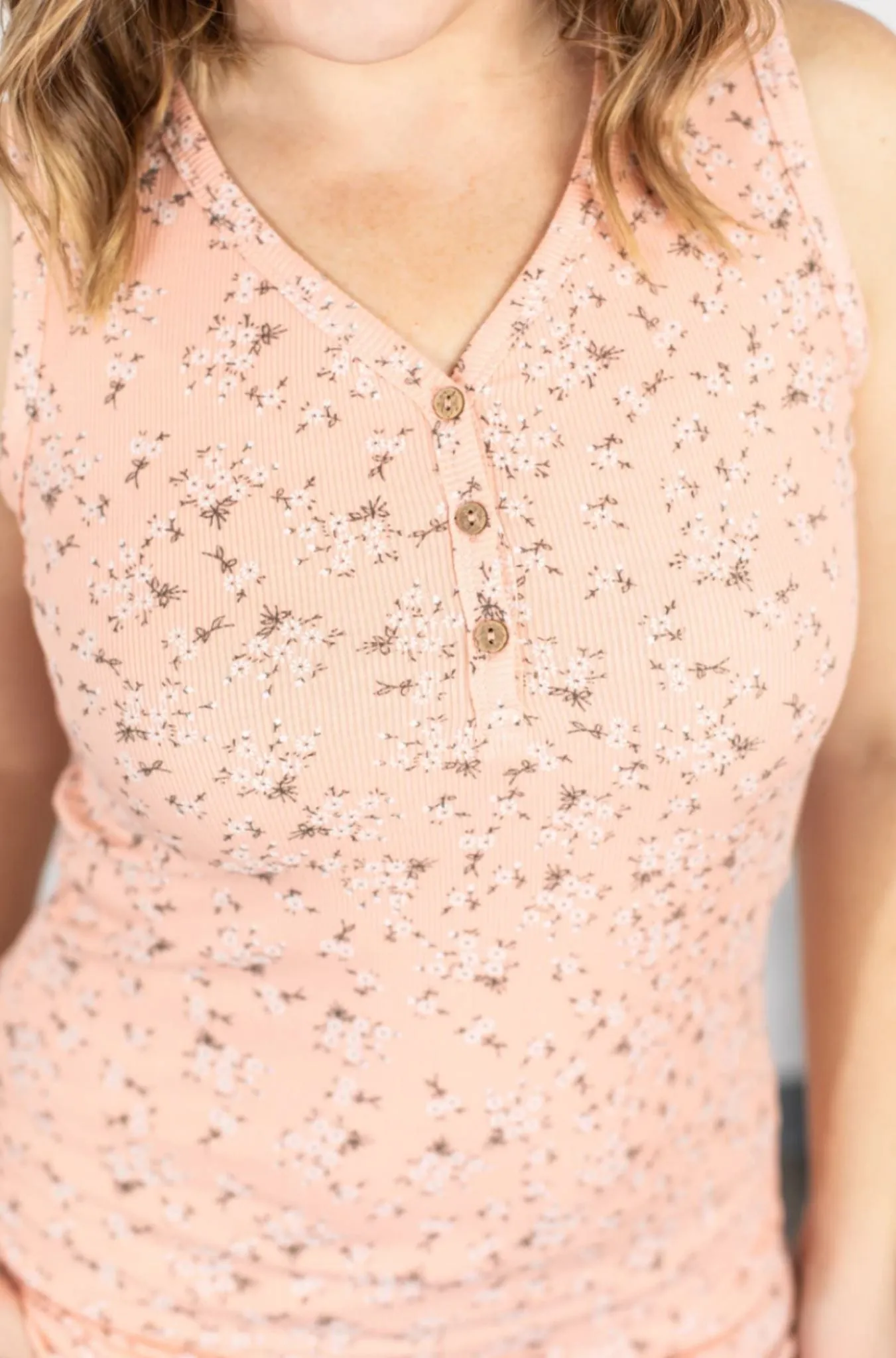 SALE- RIBBED BUTTON FRONT HENLEY TANK- FLORALS