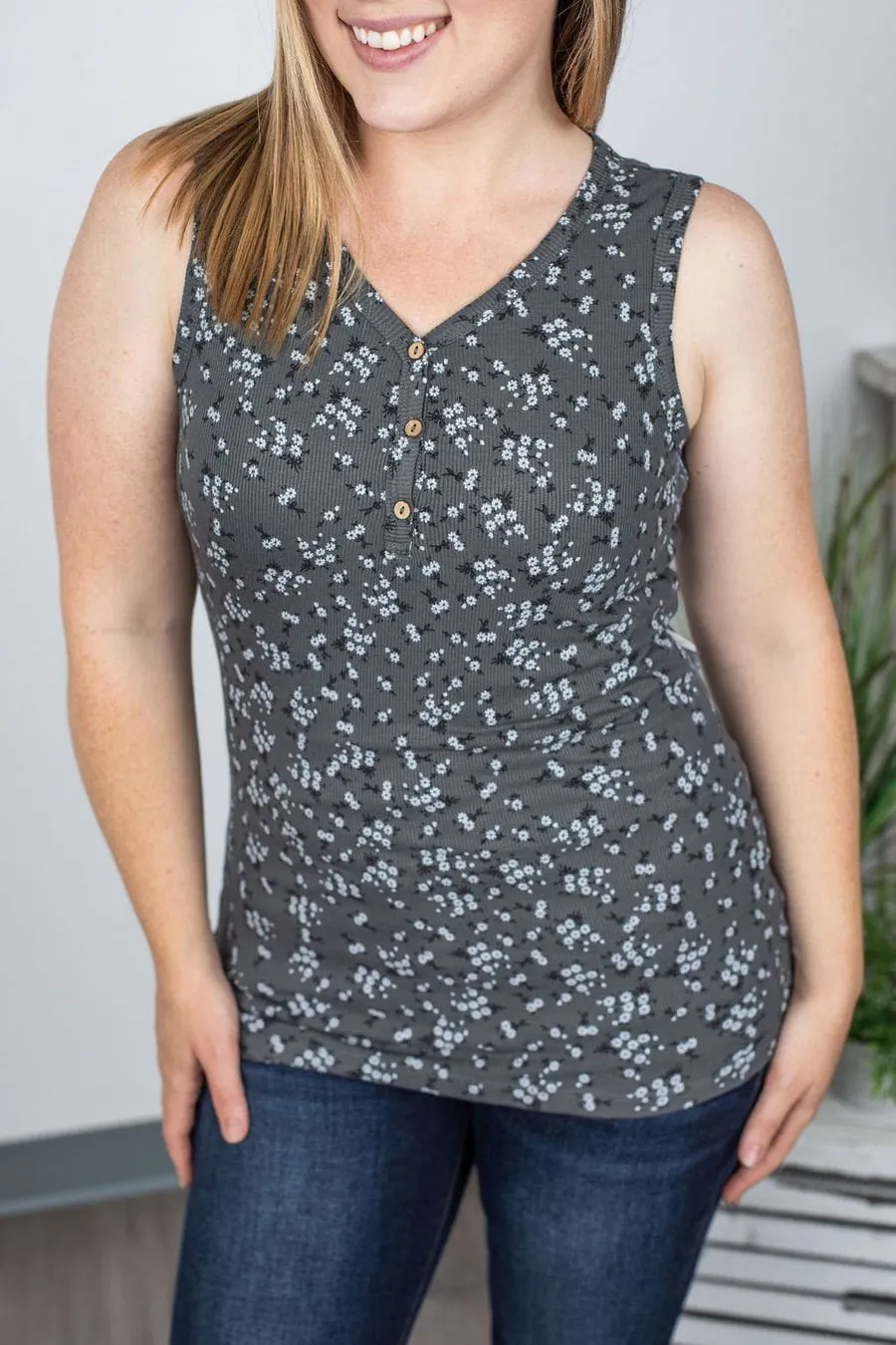 SALE- RIBBED BUTTON FRONT HENLEY TANK- FLORALS