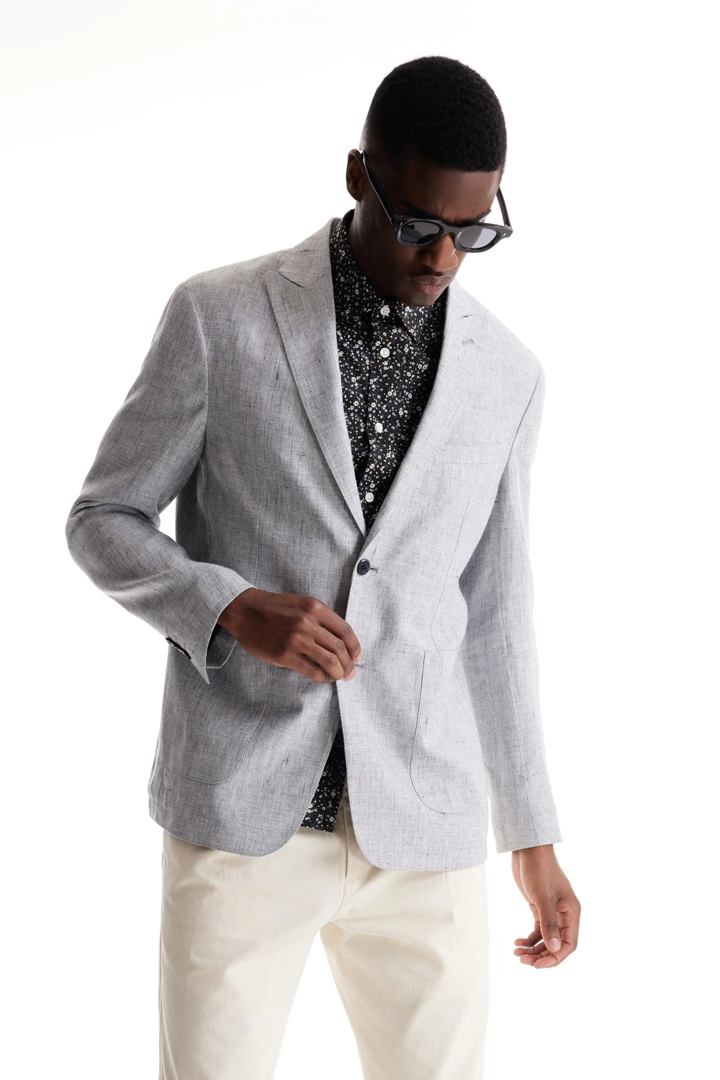 Soft Cloth Peak Lapel Blazer in Slub Linen - Silver Heather