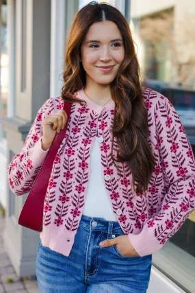 The Cottage Core Pink Printed Cardigan Sweater