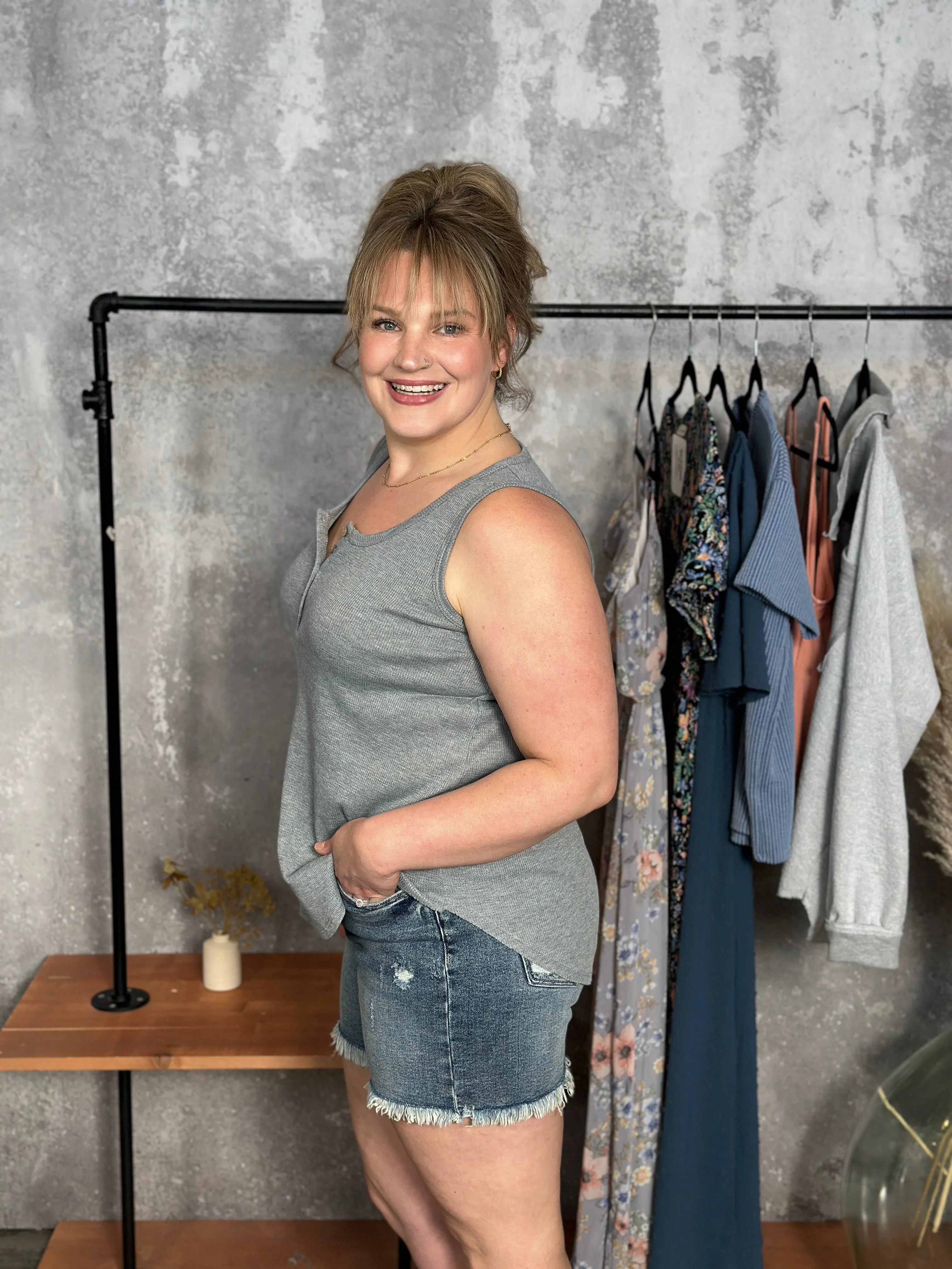 The Wendy Waffle Tank -  Grey (Small - 3X)