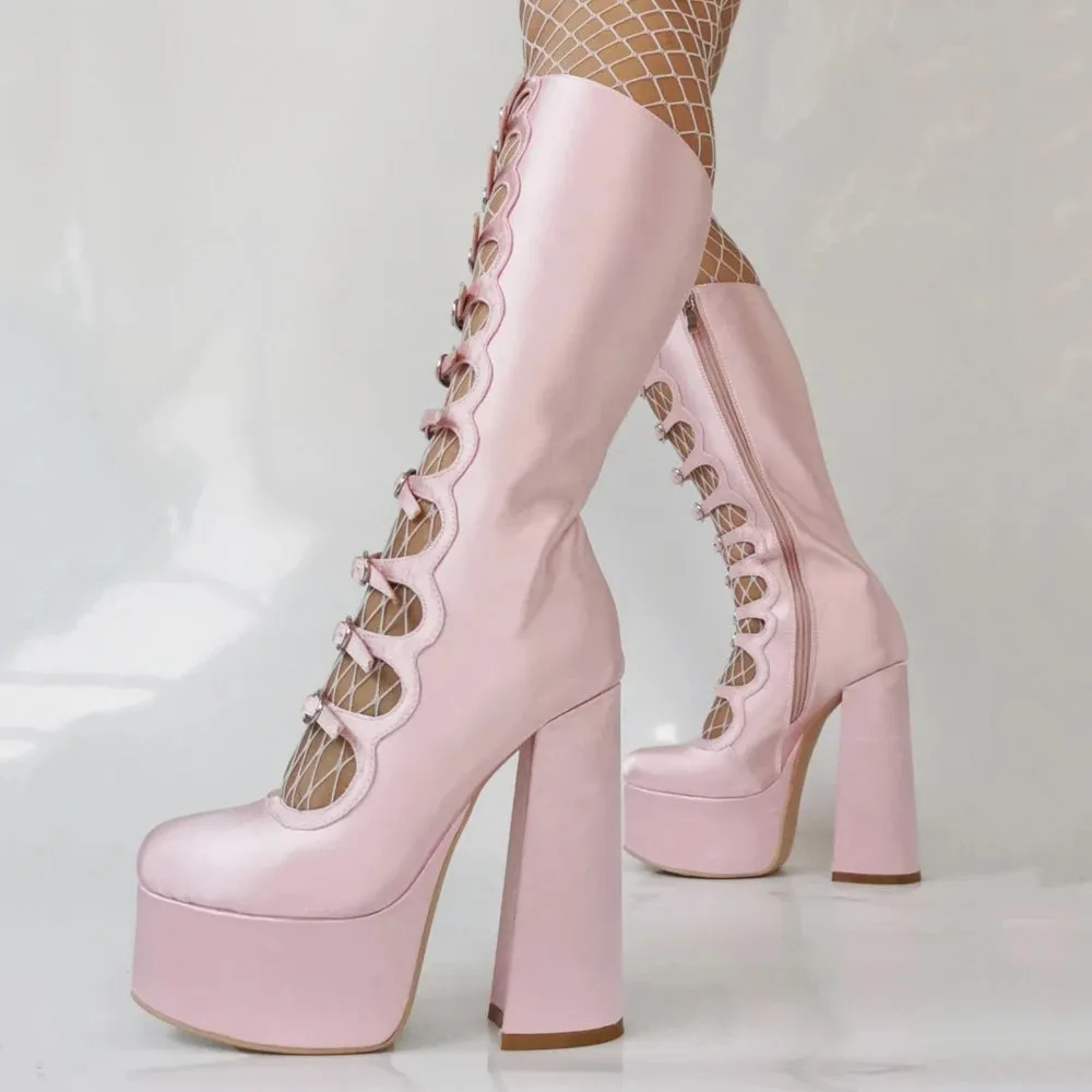 Trend4us Women's High Platform Lace-Up Chunky Heel Boots