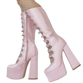 Trend4us Women's High Platform Lace-Up Chunky Heel Boots