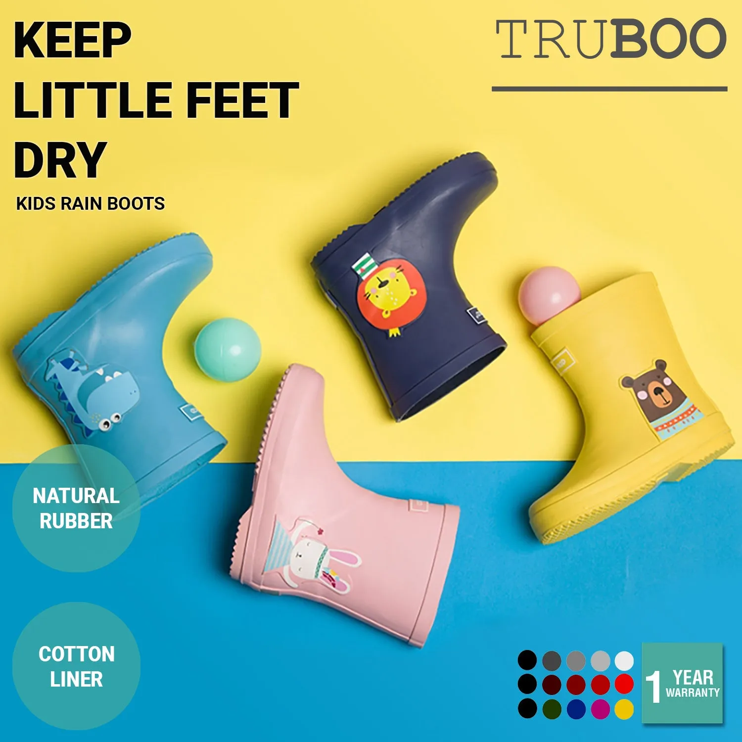 Truboo Kids Rain Boots Toddler Rubber Shoes Children Gumboots Waterproof