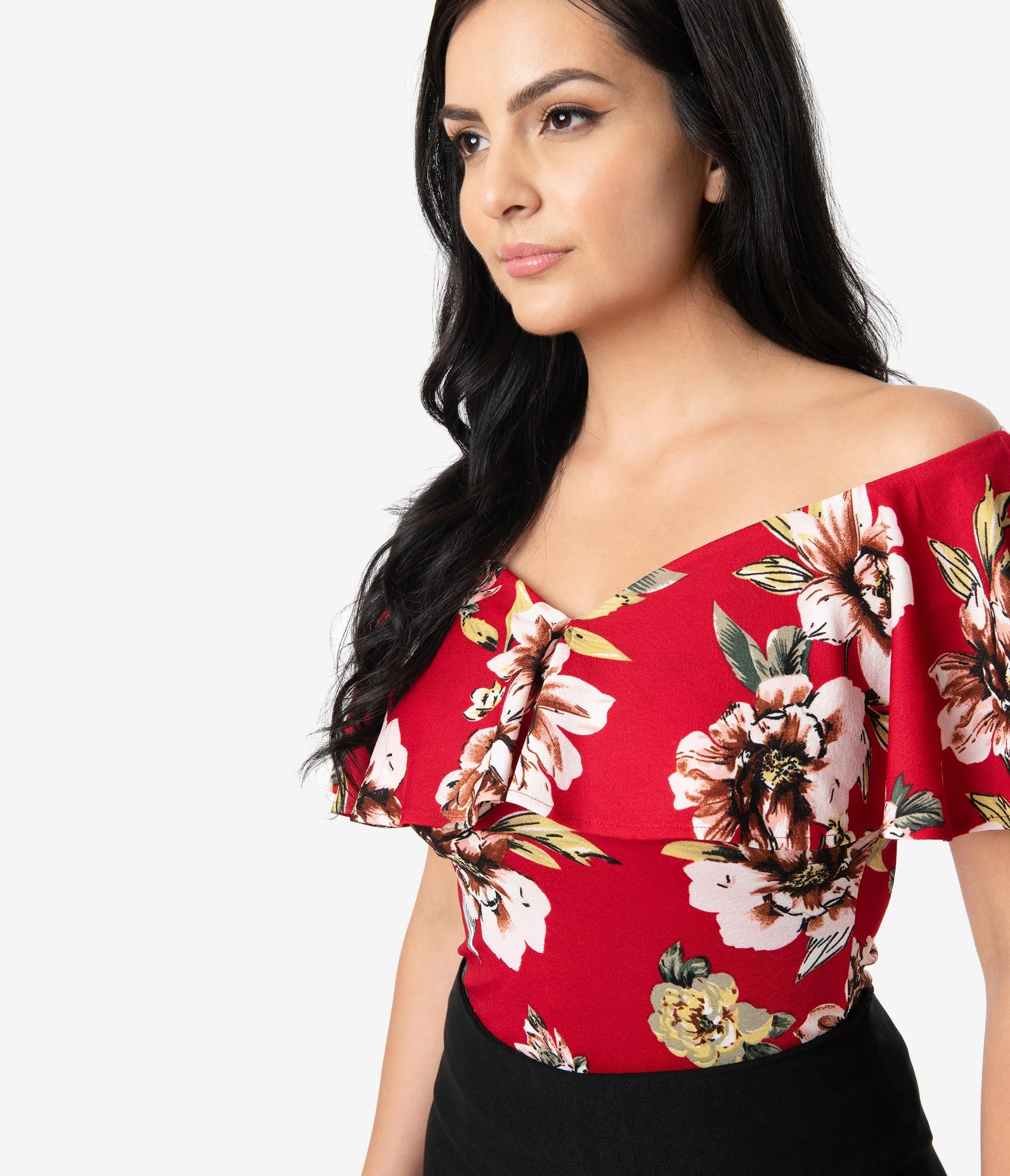 Unique Vintage 1950s Burgundy Floral Off Shoulder Ruffle Frenchie Top
