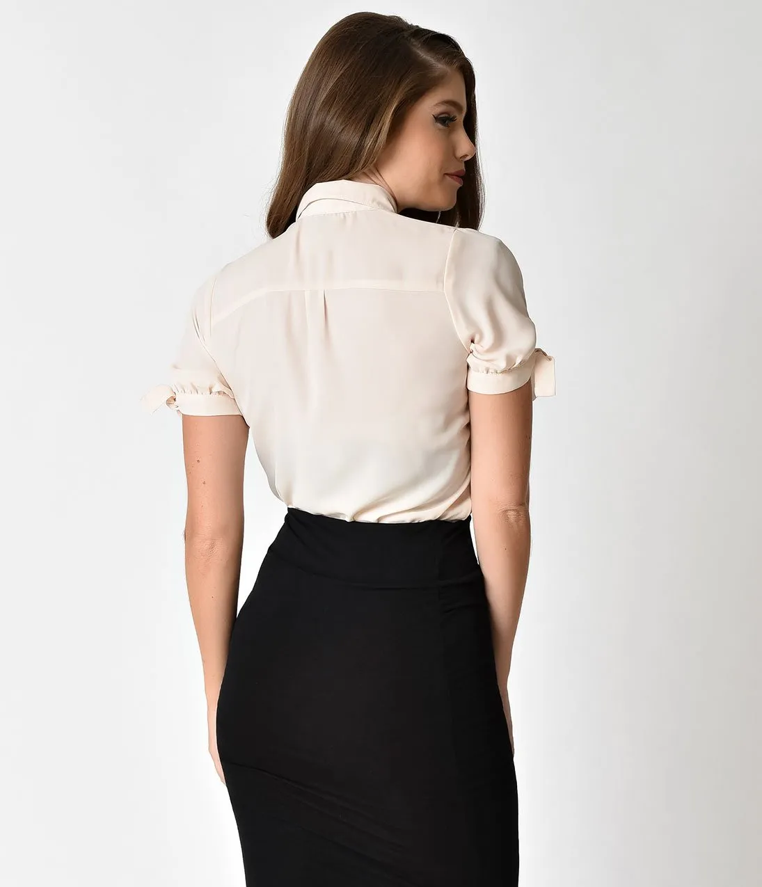 Unique Vintage Cream Chiffon Button Up Short Sleeve Colvin Blouse