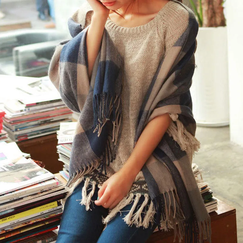 Women's Autumn/Winter Warm Cashmere Wool Plaid Blanket Scarf