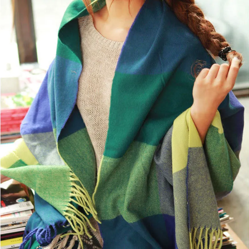 Women's Autumn/Winter Warm Cashmere Wool Plaid Blanket Scarf