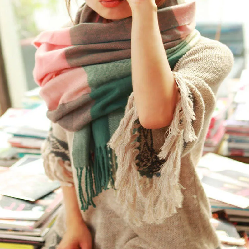 Women's Autumn/Winter Warm Cashmere Wool Plaid Blanket Scarf
