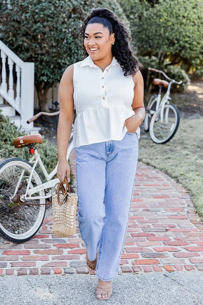 You Are My Sunshine Ivory Collared Henley Peplum Tank FINAL SALE
